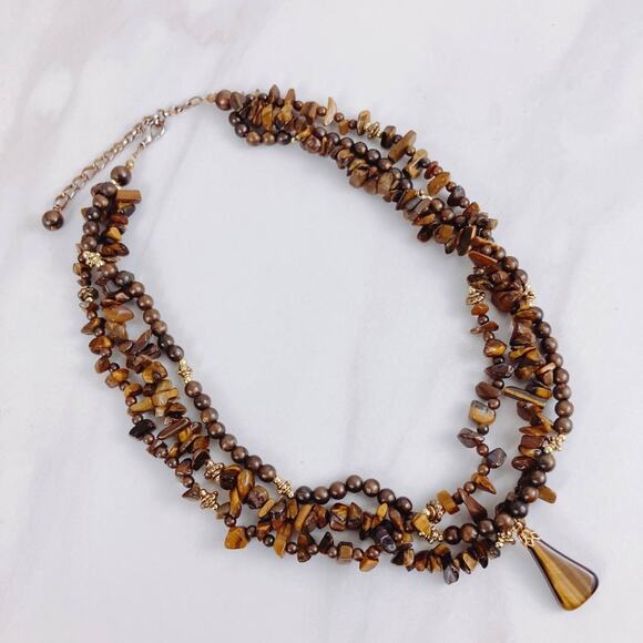 VTG Tiger's Eye Chip Bead Necklace Multi Strand 80s Gemstone Boho Jewelry 17" - Picture 4 of 11